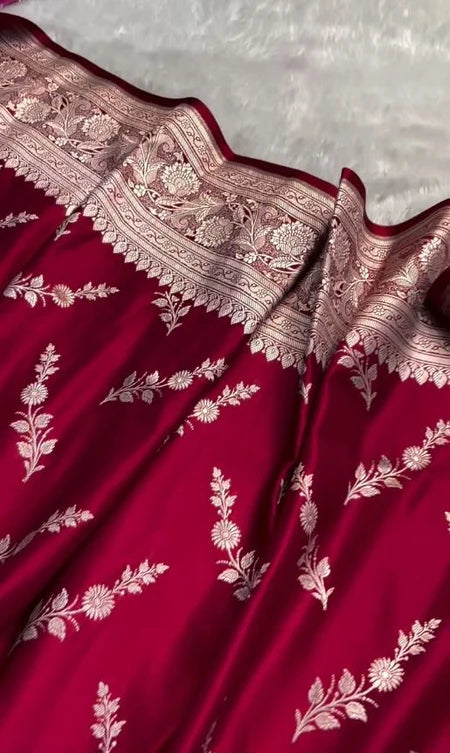Ruby Red Banarasi Silk Saree with Silver Floral Zari Motifs & Elegant Border | Premium Festive Wear
