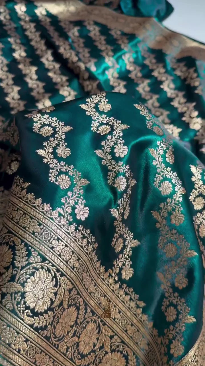 DARK TEAL GREEN BANARASI SILK SAREE WITH HEAVY GOLD ZARI FLORAL JAAL & RICH TRADITIONAL BORDER