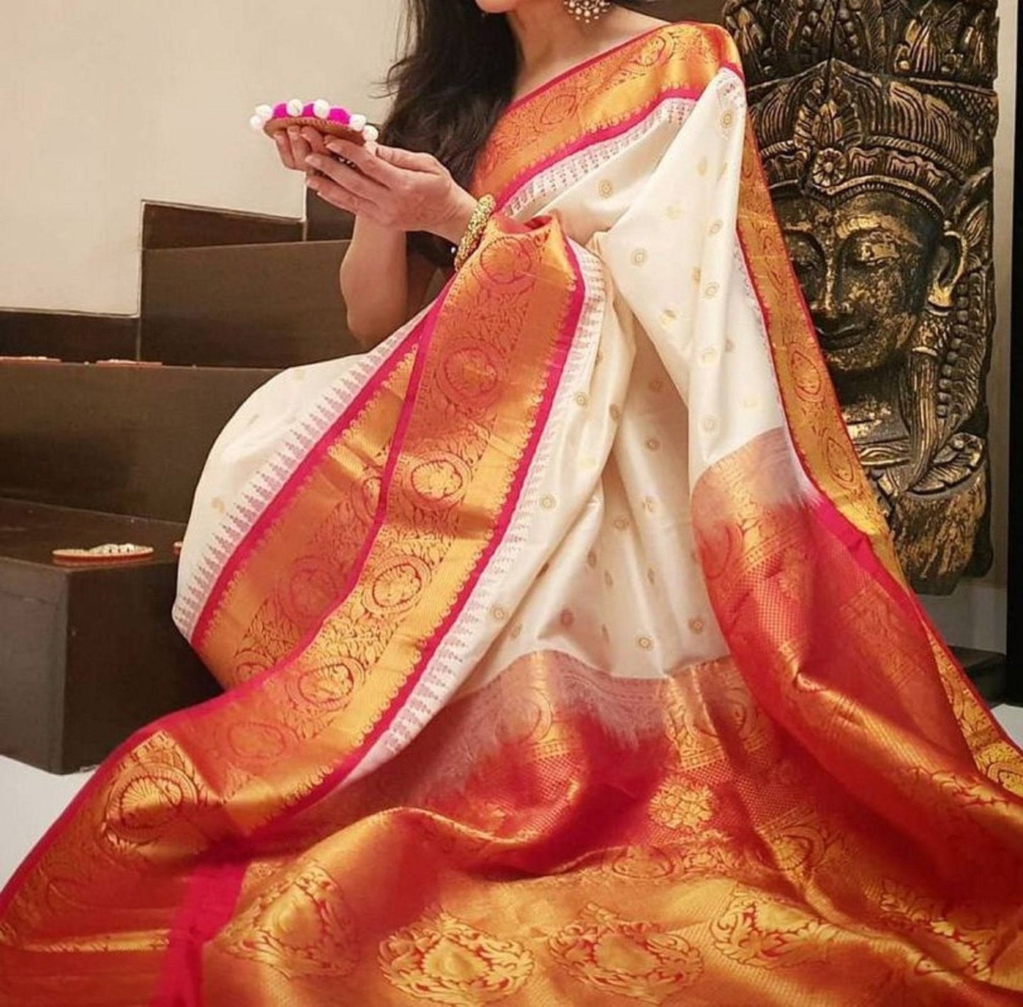 White Red Kanjivaram Saree