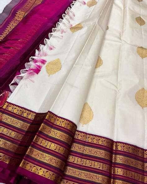 White Purple Border Silk Saree
