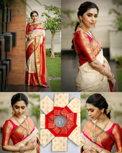 Cream Red Kanjivaram Saree