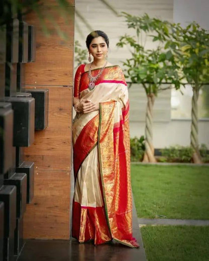 Cream Red Kanjivaram Saree