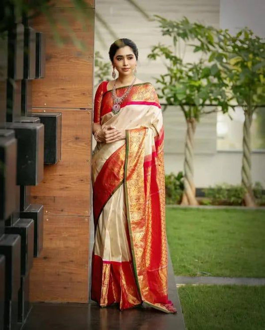 Cream Red Kanjivaram Saree