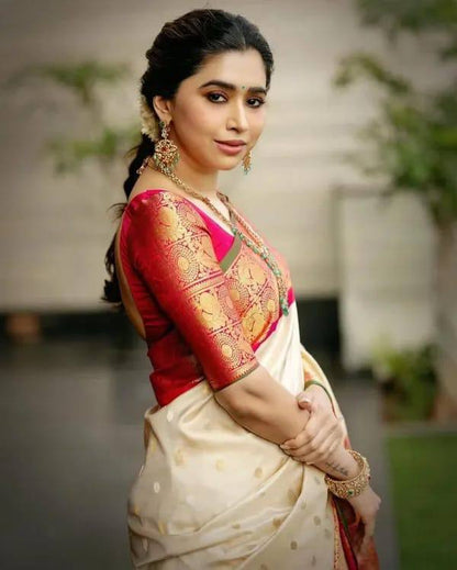 Cream Red Kanjivaram Saree