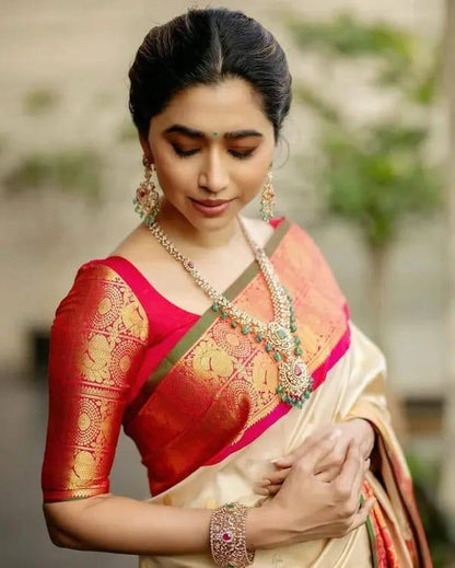 Cream Red Kanjivaram Saree