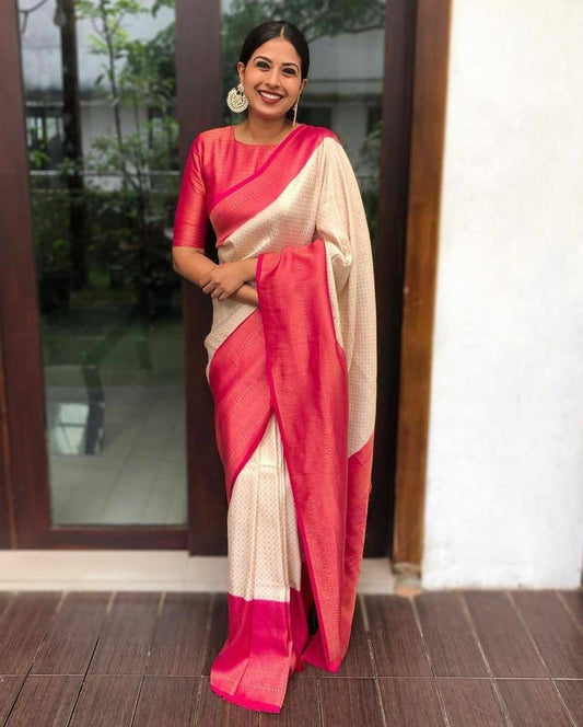Off White & Rani Pink Traditional Soft Silk Saree with Rich Woven Border