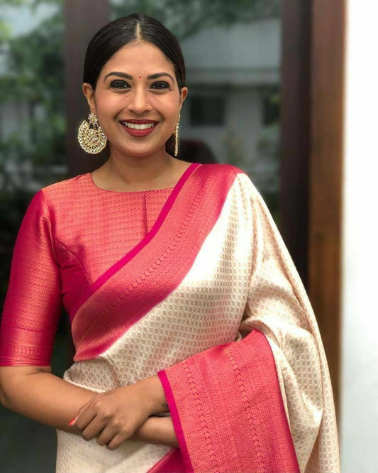 Off White & Rani Pink Traditional Soft Silk Saree with Rich Woven Border