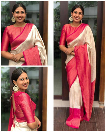 Off White & Rani Pink Traditional Soft Silk Saree with Rich Woven Border