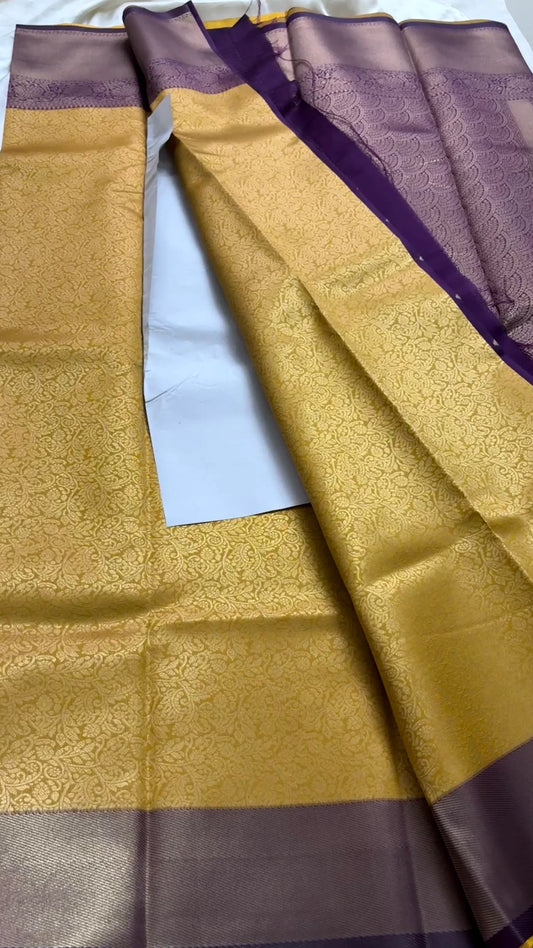 Rajshree Mustard Kanjivaram Saree with Rose Gold Zari Motifs