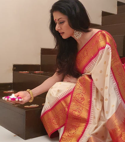 White Red Kanjivaram Saree