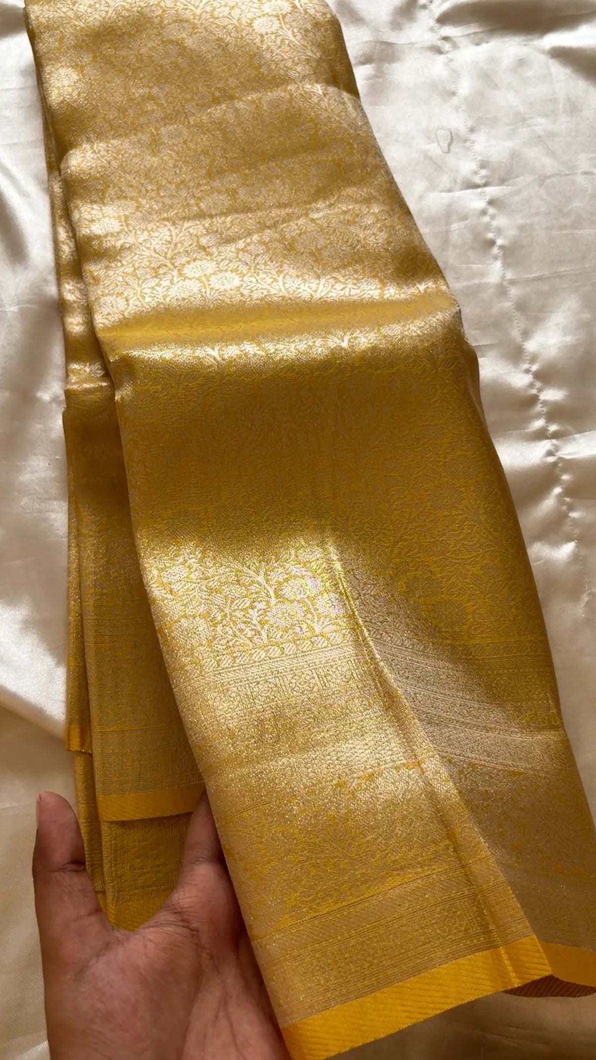 Golden Yellow Banarasi Silk Saree with All-Over Floral Weave & Zari Border | Traditional Designer Saree