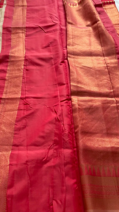 Rani Pink & Gold Silk Saree with Woven Floral Motifs & Zari Border | Traditional Designer Saree