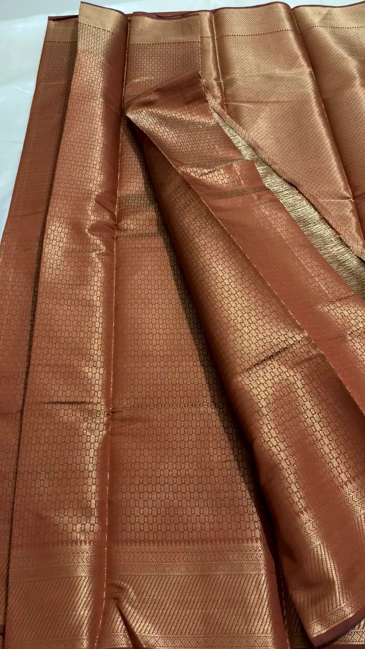 Copper Brown Banarasi Silk Saree with All-Over Geometric Zari Weave & Rich Border | Traditional Saree