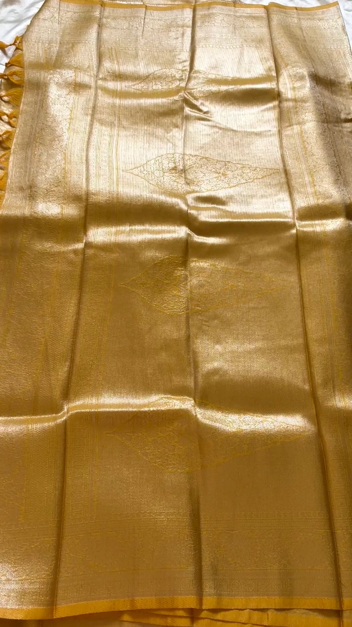 Golden Yellow Banarasi Silk Saree with All-Over Floral Weave & Zari Border | Traditional Designer Saree
