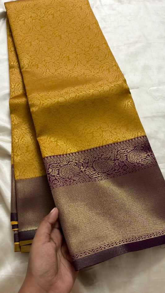 Rajshree Mustard Kanjivaram Saree with Rose Gold Zari Motifs