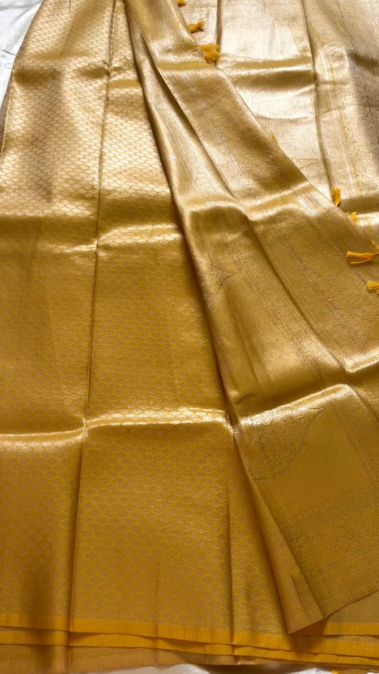 Golden Yellow Banarasi Silk Saree with All-Over Floral Weave & Zari Border | Traditional Designer Saree