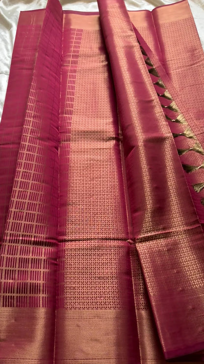 Vidhya Wine Pink Banarasi Silk Saree with Gold Zari Checks Rich Woven Border