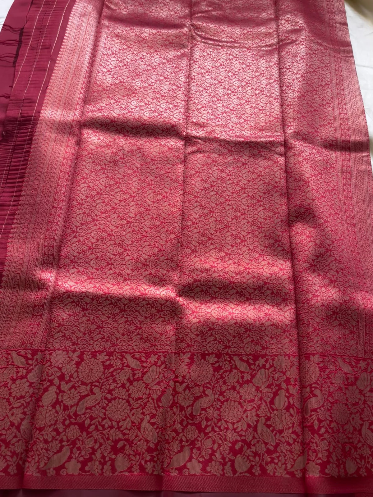 Wine Red & Antique Gold Banarasi Silk Saree with Floral Zari Border | Designer Traditional Saree
