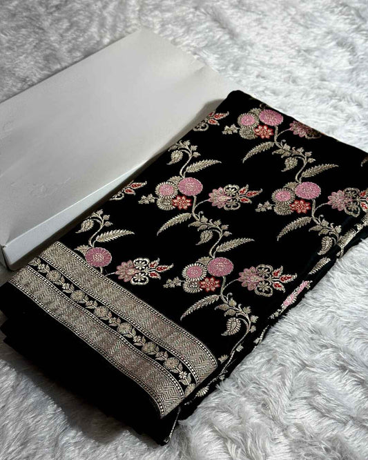 Black Mashru Katan Silk Saree with Floral Zari Weave & Designer Golden Border