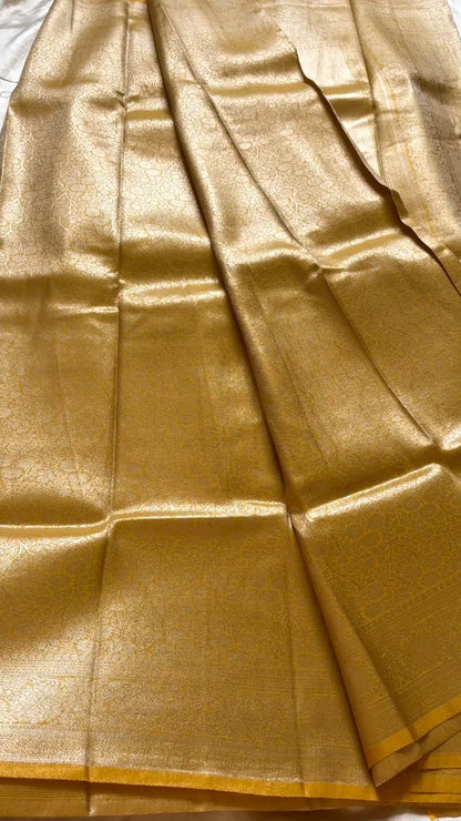 Golden Yellow Banarasi Silk Saree with All-Over Floral Weave & Zari Border | Traditional Designer Saree
