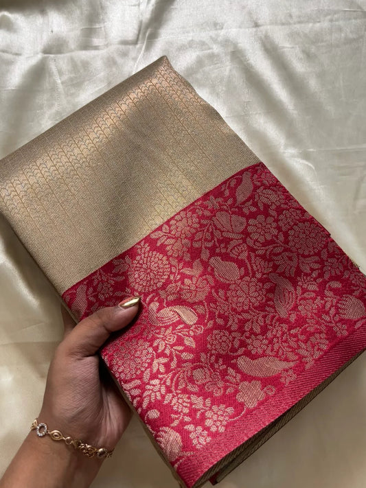 Wine Red & Antique Gold Banarasi Silk Saree with Floral Zari Border | Designer Traditional Saree