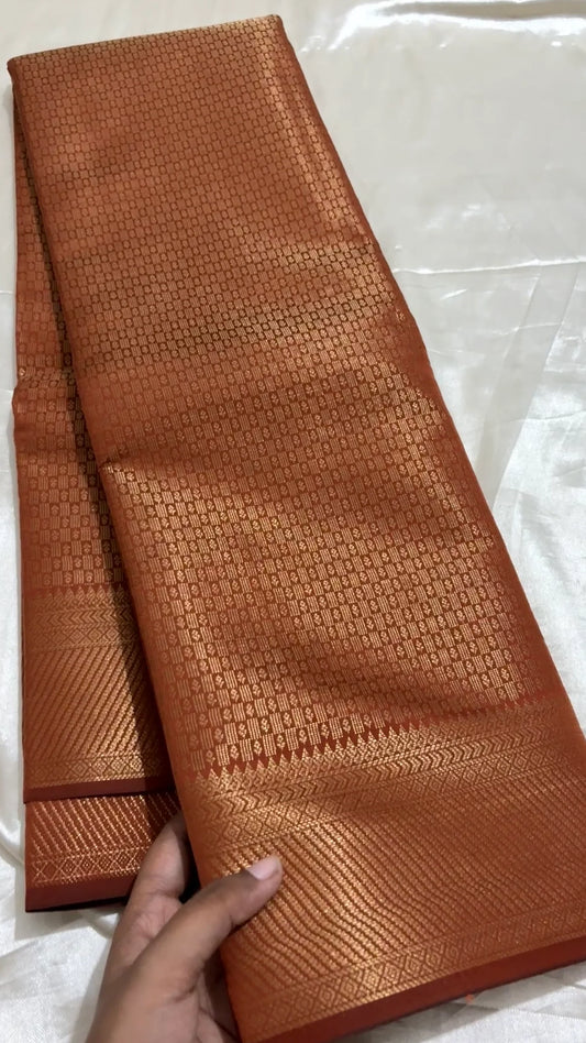 Copper Brown Banarasi Silk Saree with All-Over Geometric Zari Weave & Rich Border | Traditional Saree
