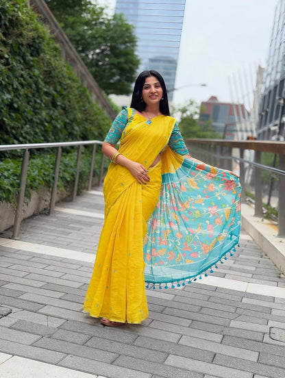 Yellow Kalamkari Designer Saree