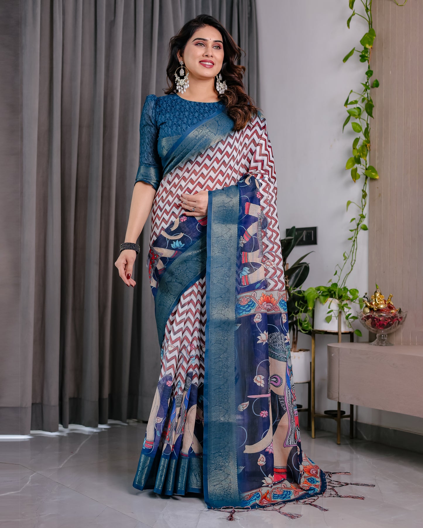 Designer Printed Linen Silk Saree