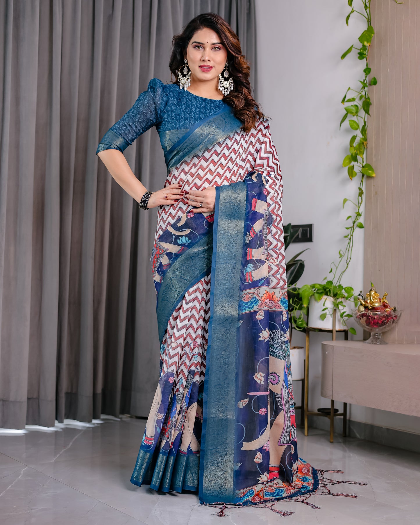 Designer Printed Linen Silk Saree
