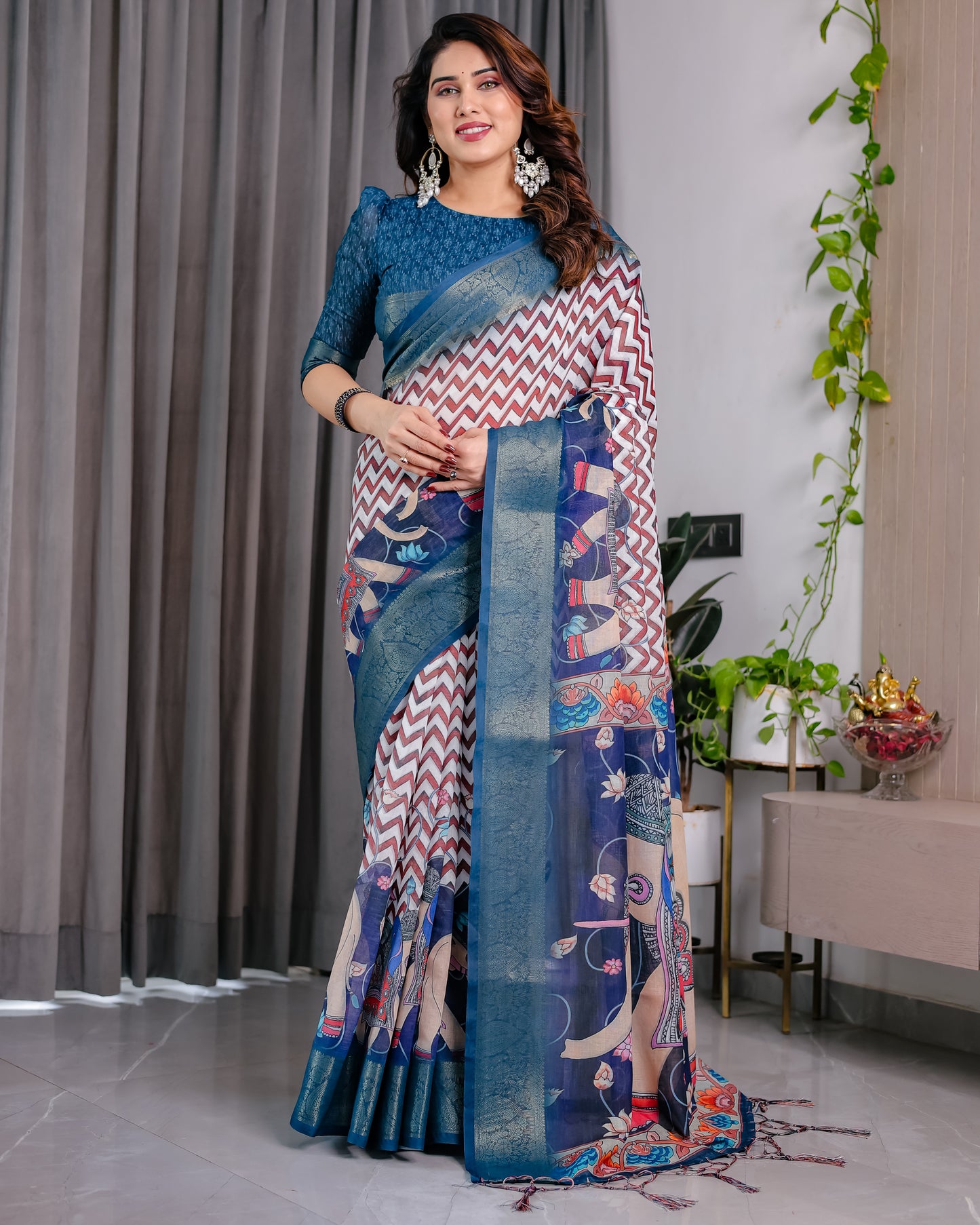 Designer Printed Linen Silk Saree