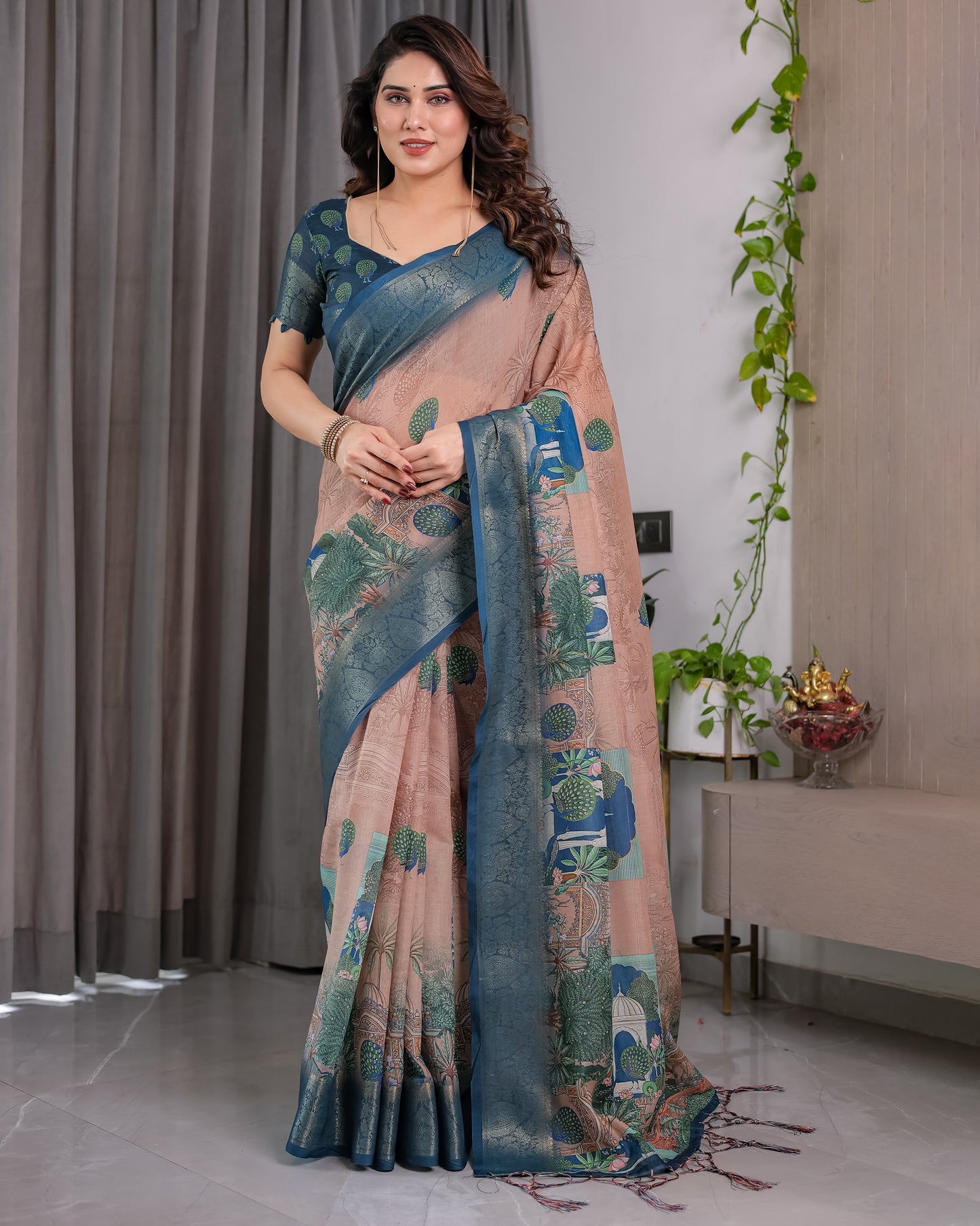 Designer Printed Linen Silk Saree