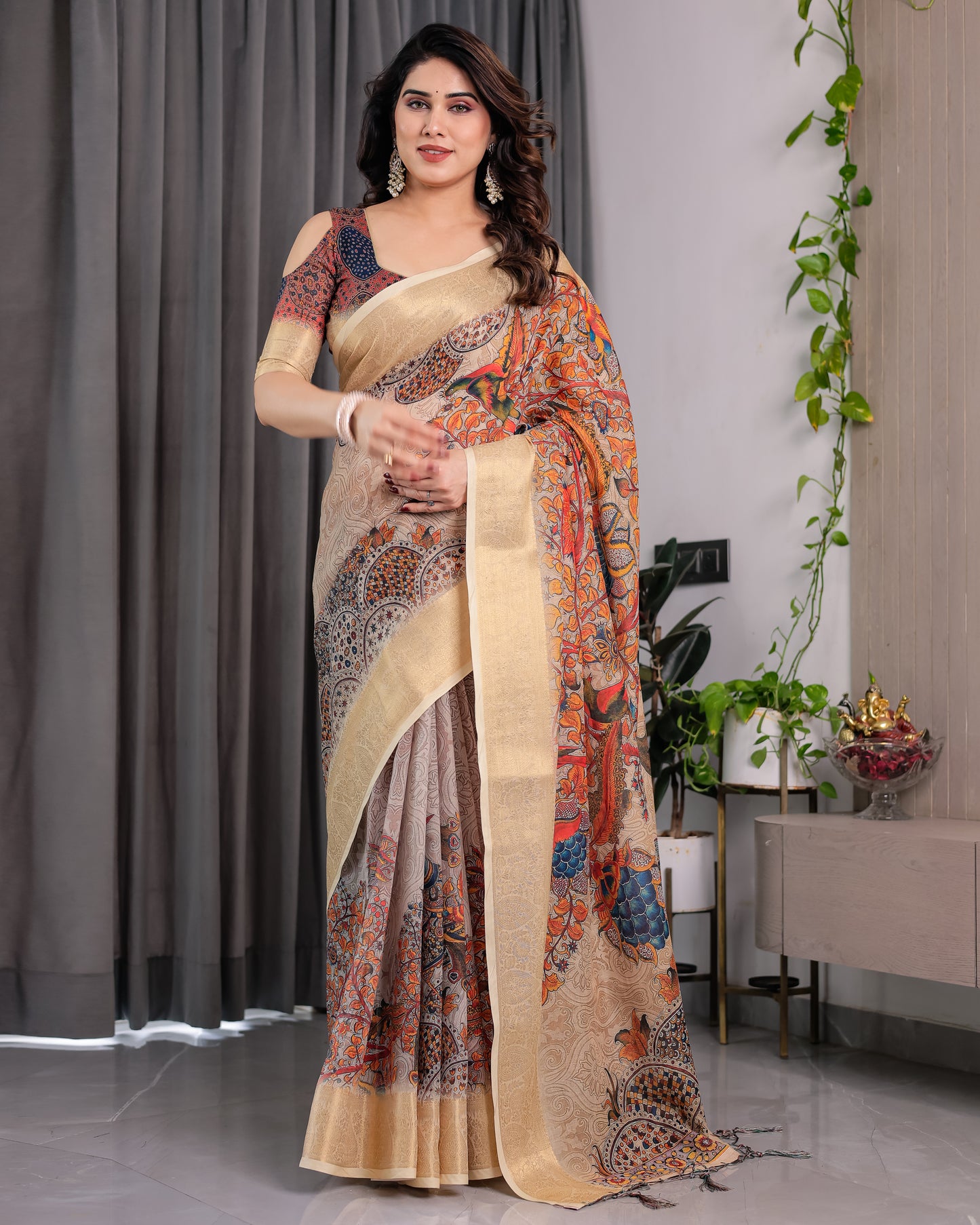 Designer Printed Linen Silk Saree