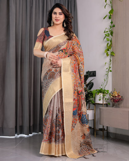 Designer Printed Linen Silk Saree