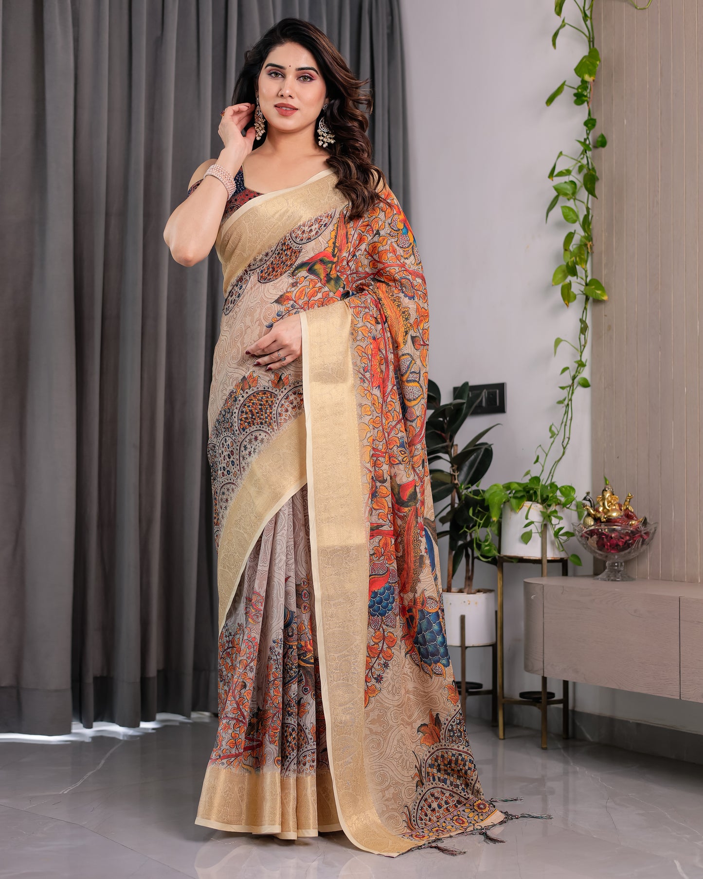Designer Printed Linen Silk Saree