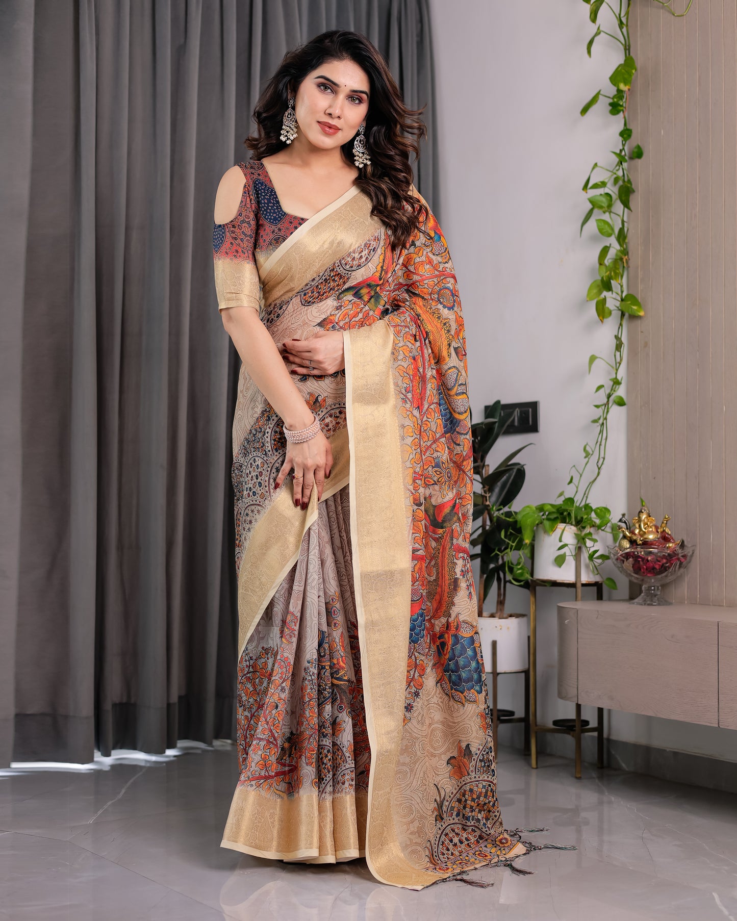 Designer Printed Linen Silk Saree