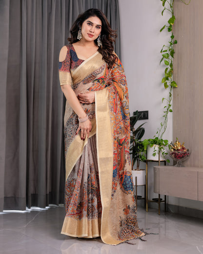 Designer Printed Linen Silk Saree