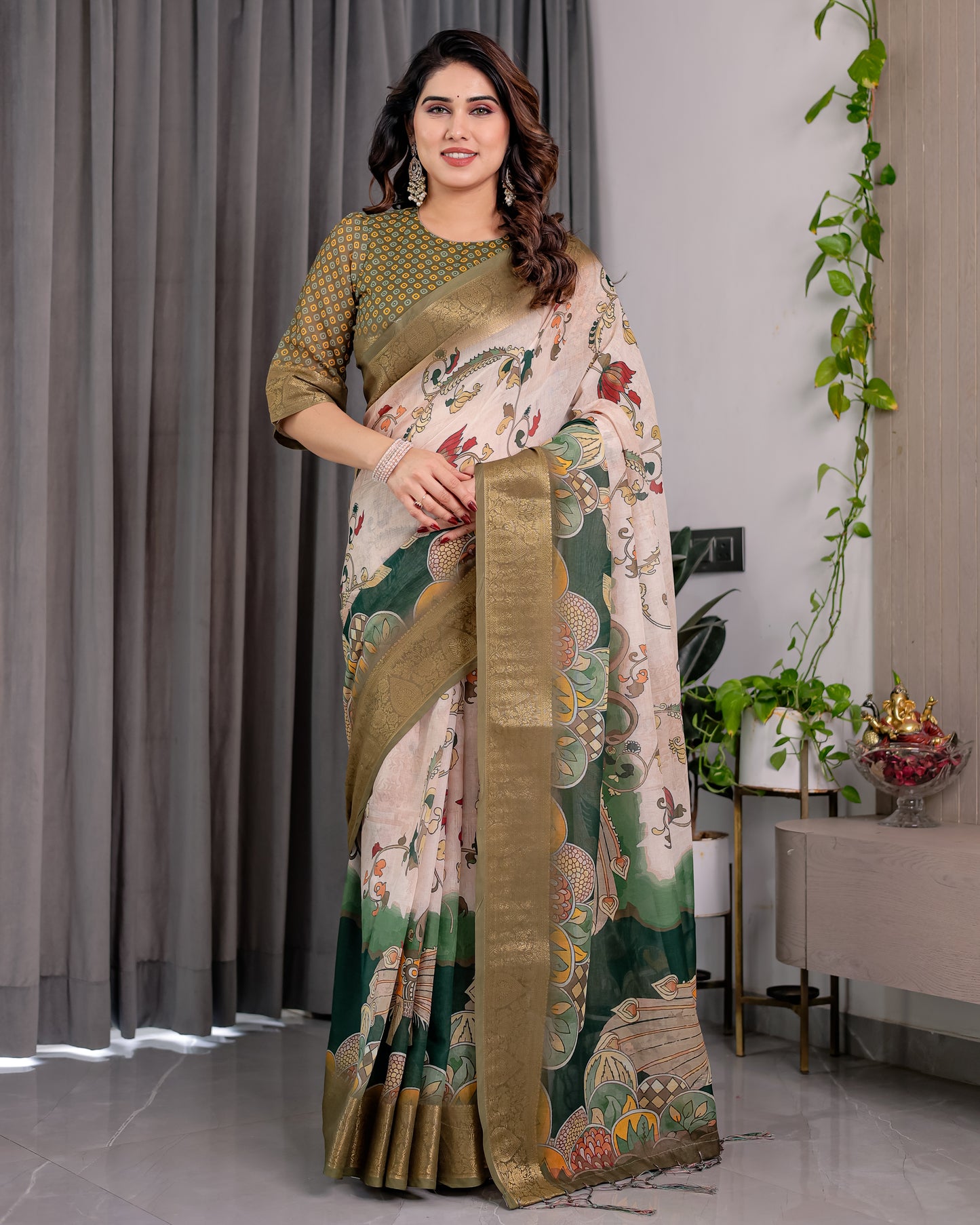 Designer Printed Linen Silk Saree