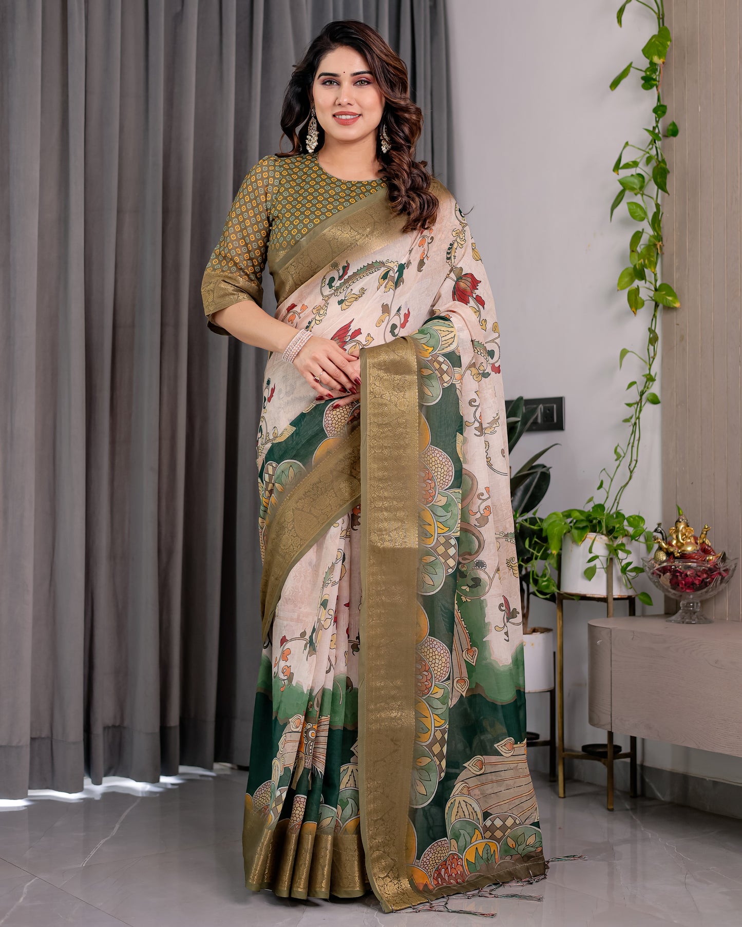 Designer Printed Linen Silk Saree