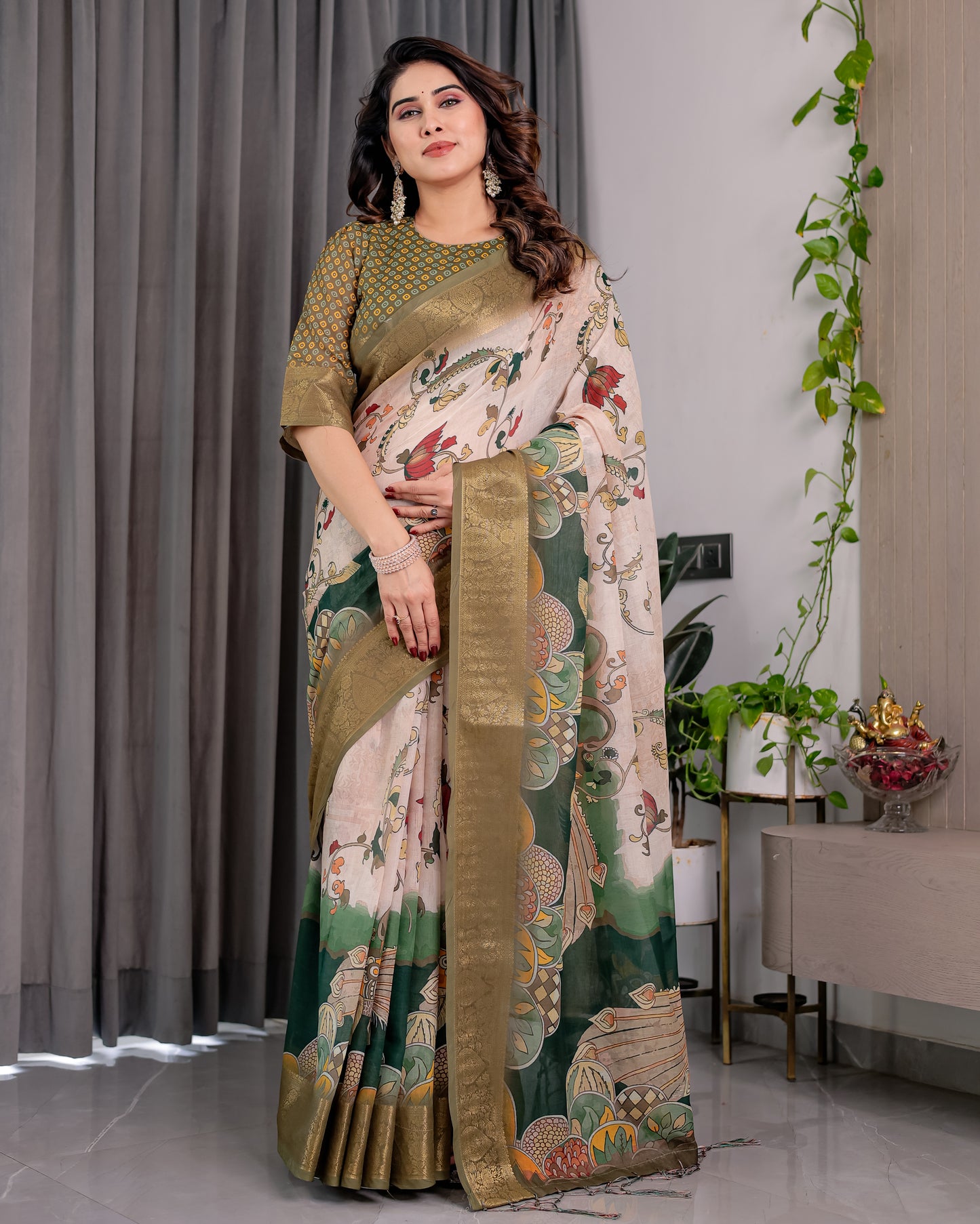 Designer Printed Linen Silk Saree