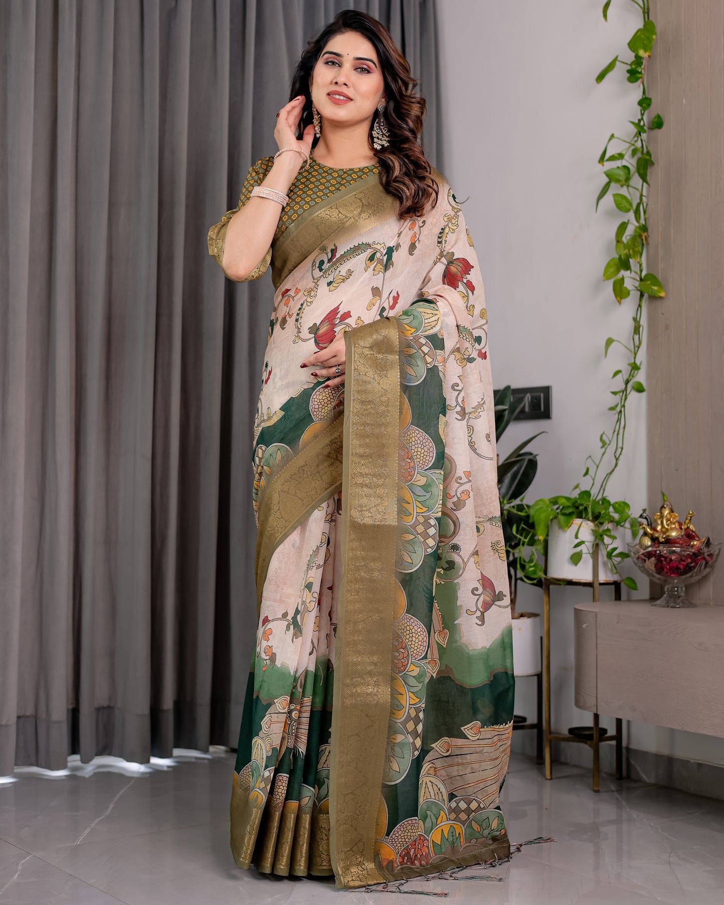 Designer Printed Linen Silk Saree