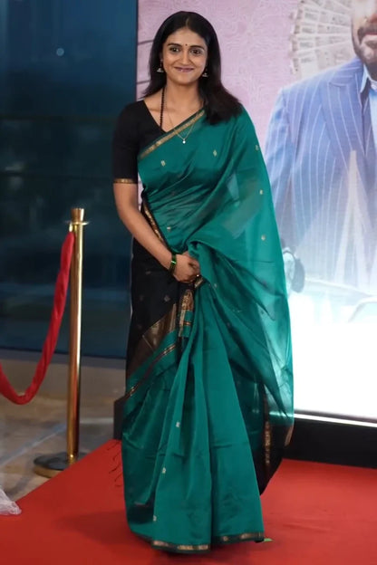 Adorable Sea Green Cotton Silk Saree With Glorious Blouse Piece