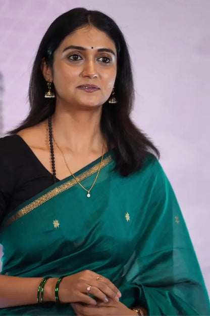 Adorable Sea Green Cotton Silk Saree With Glorious Blouse Piece