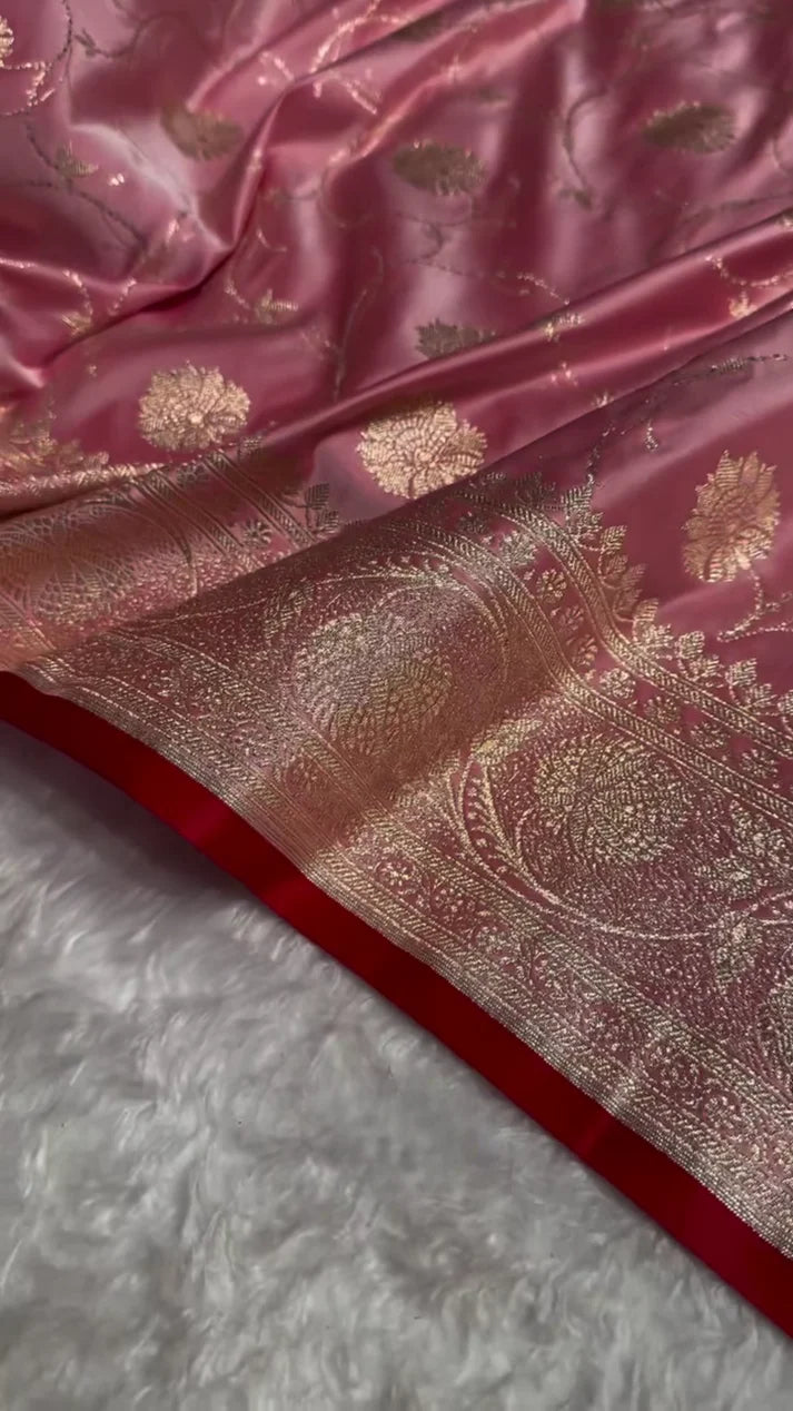 ROSE PINK BANARASI SILK SAREE WITH GOLD ZARI FLORAL JAAL & HEAVY TRADITIONAL BORDER