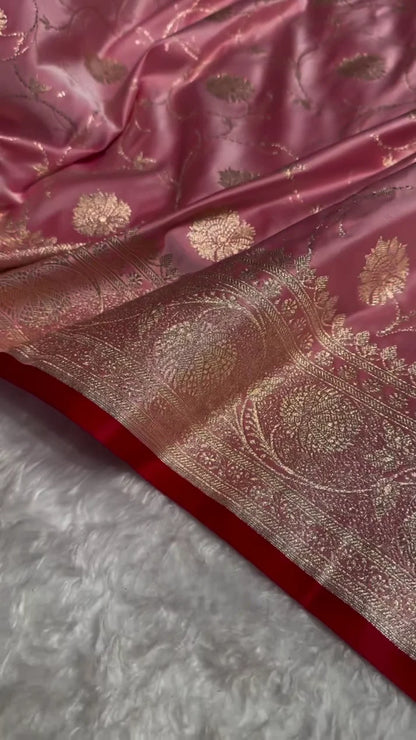 ROSE PINK BANARASI SILK SAREE WITH GOLD ZARI FLORAL JAAL & HEAVY TRADITIONAL BORDER