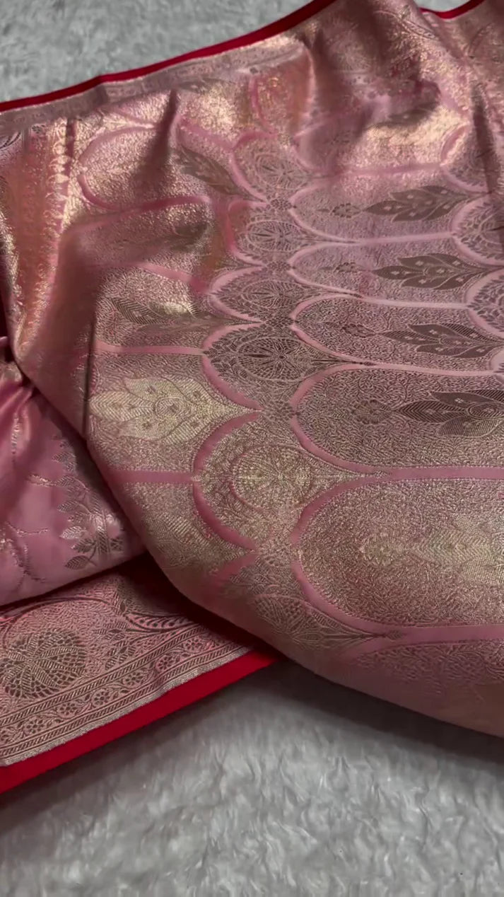ROSE PINK BANARASI SILK SAREE WITH GOLD ZARI FLORAL JAAL & HEAVY TRADITIONAL BORDER