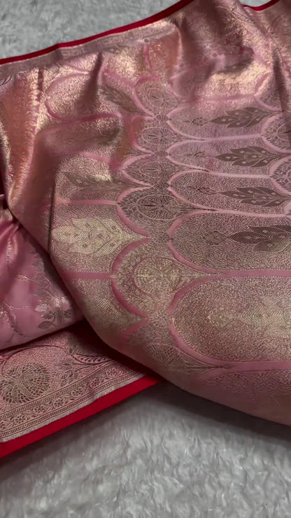 ROSE PINK BANARASI SILK SAREE WITH GOLD ZARI FLORAL JAAL & HEAVY TRADITIONAL BORDER