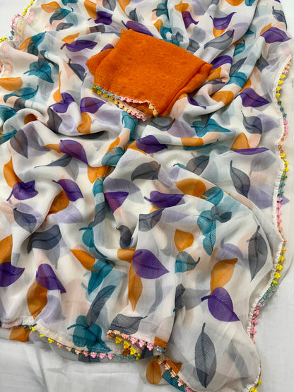 White Multicolor Printed Saree