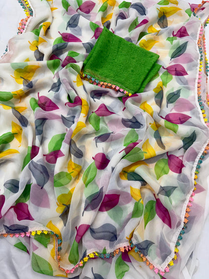 White Multicolor Printed Saree