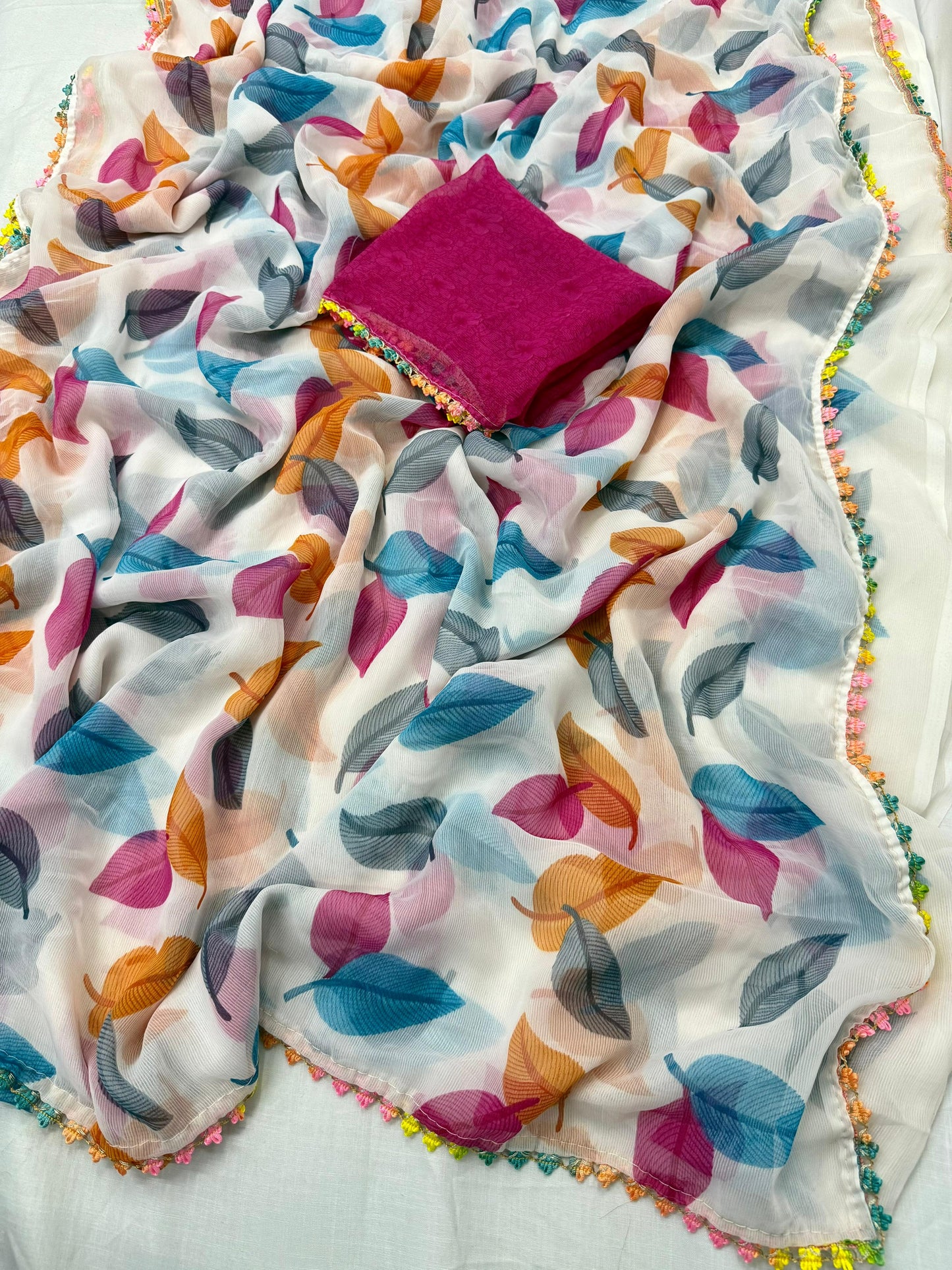 White Multicolor Printed Saree