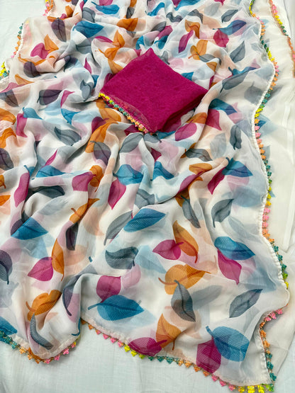 White Multicolor Printed Saree